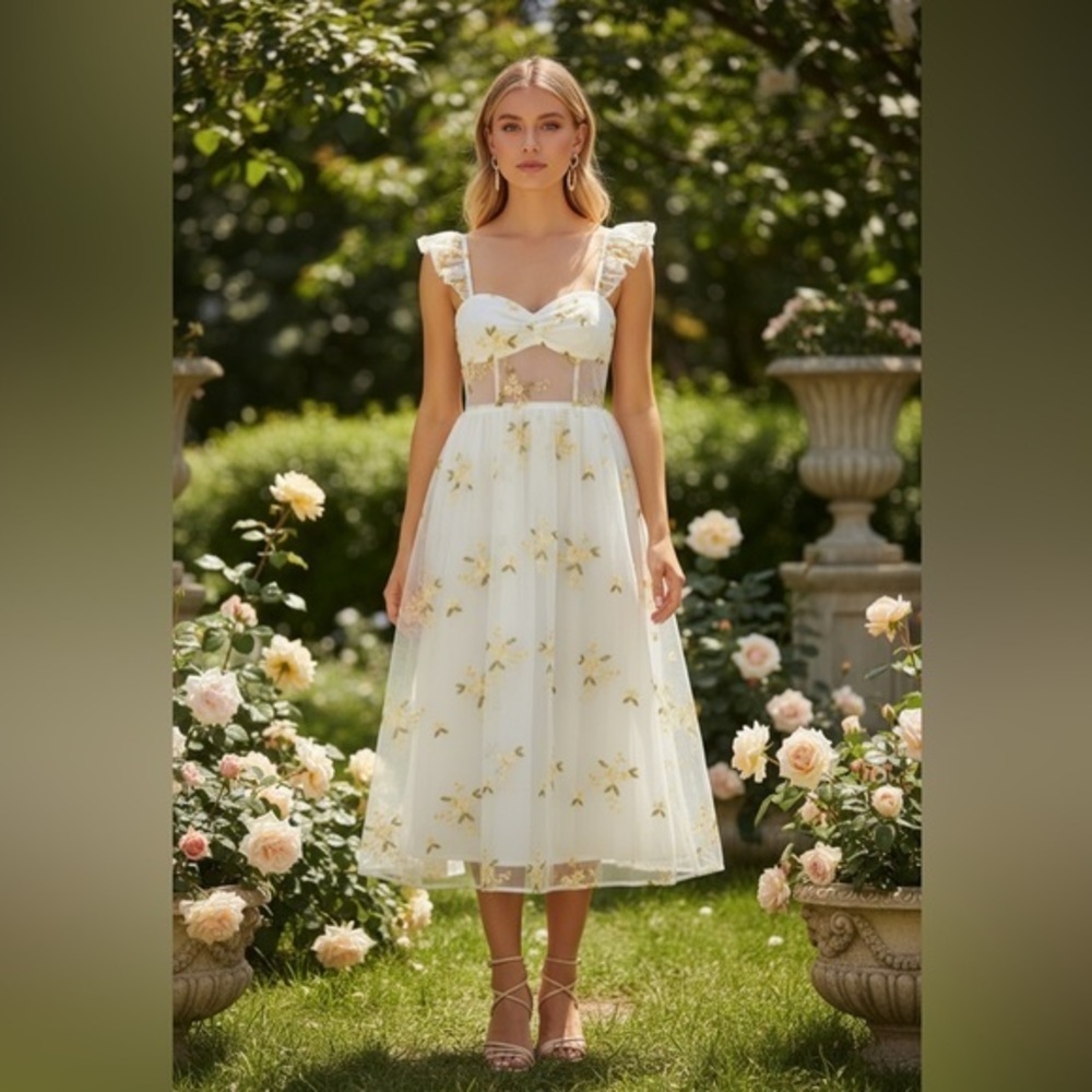 SHEIN Women’s Size Small Sheer Embroidered Floral White Midi Cottage-core Dress